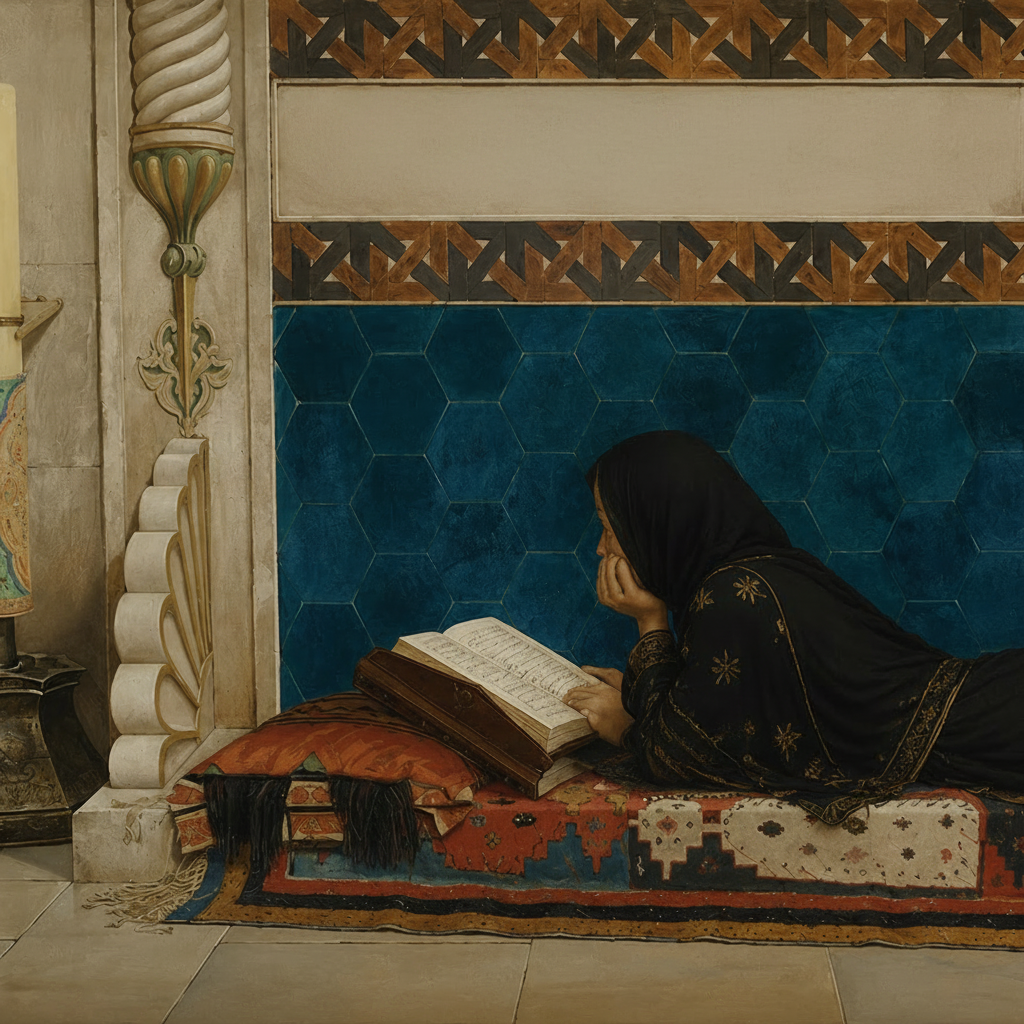 Person in traditional attire lying on a rug with decorative wall and candle in the background